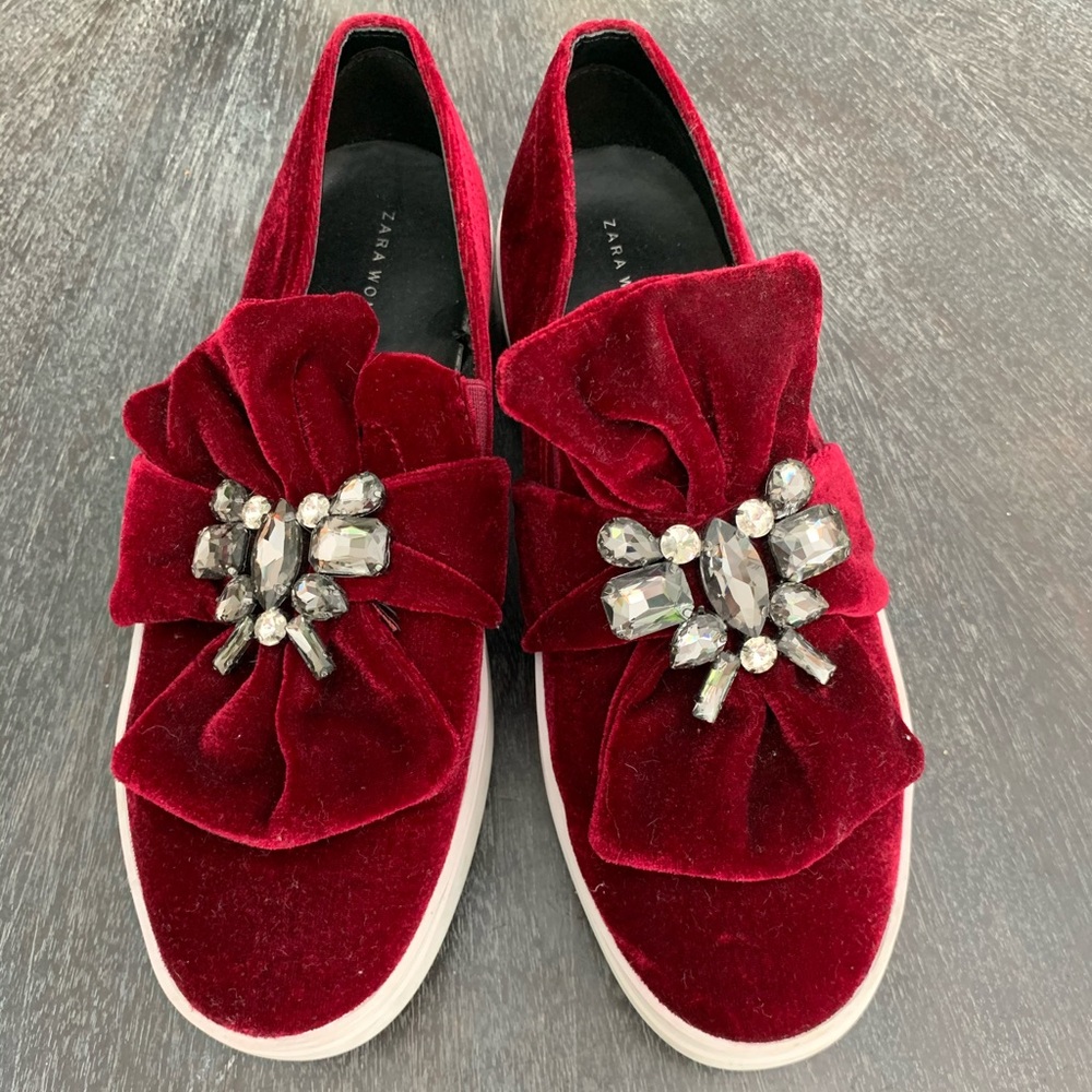 Red velvet slip on sneakers
